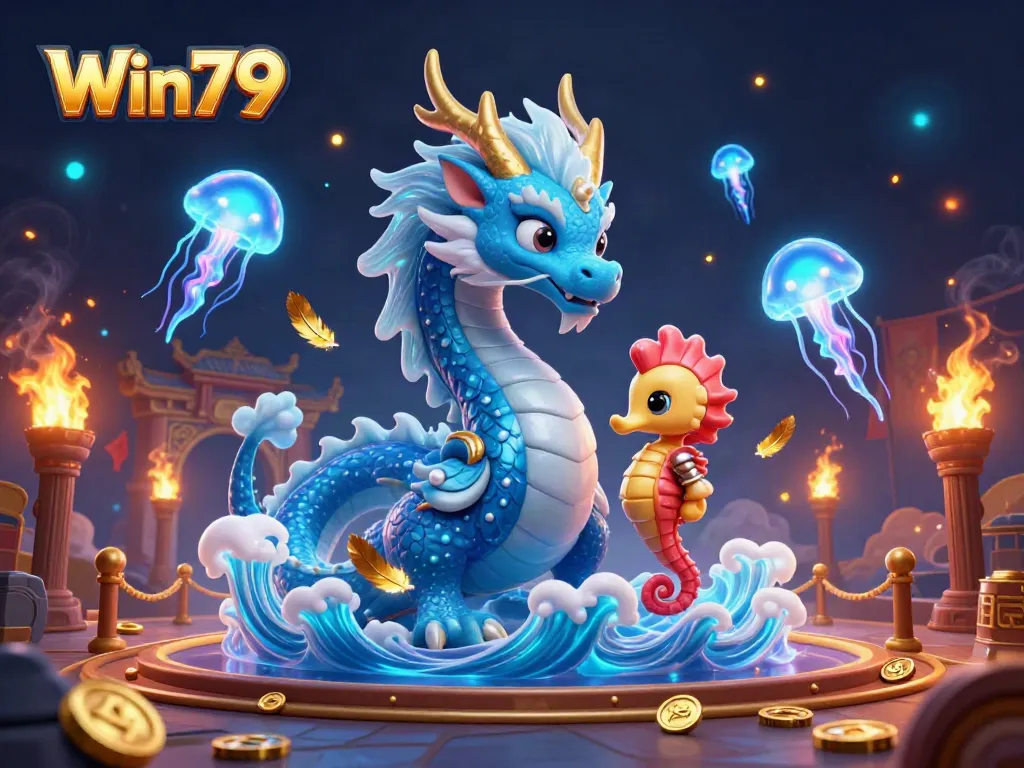 Win79's majestic azure dragon and seahorse knight amid vibrant casino elements illustrated in 3D perfection.