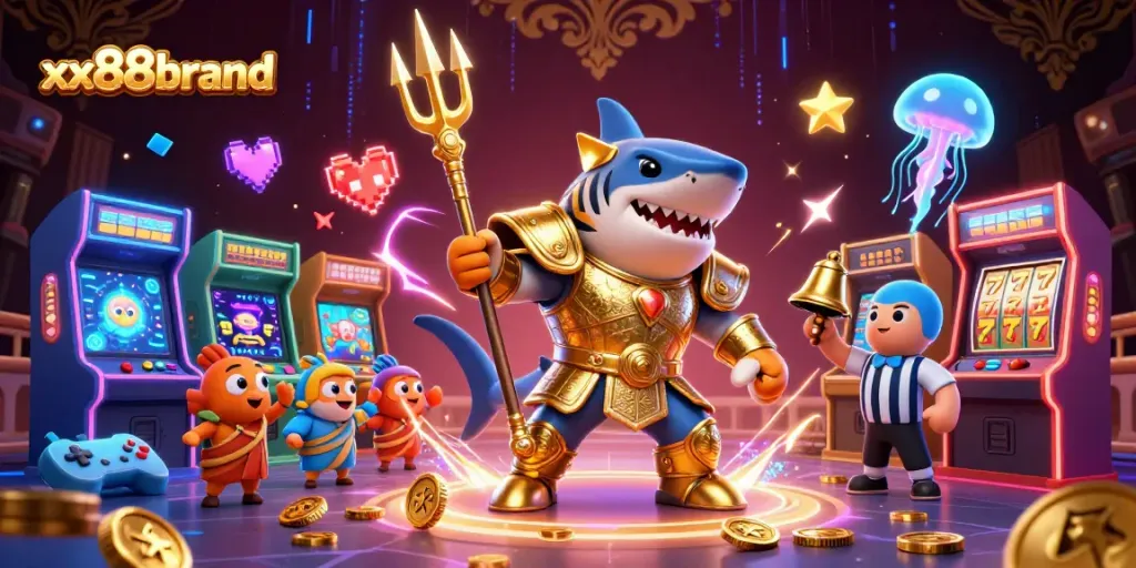 Engage with xx88brand’s thrilling underwater casino adventure featuring a fierce shark gladiator!