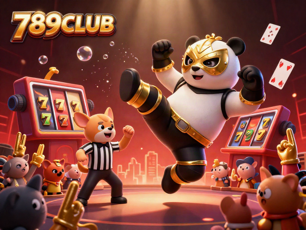 Engaging 789CLUB themed casino scene with a vibrant panda wrestler and cheering animal crowd.