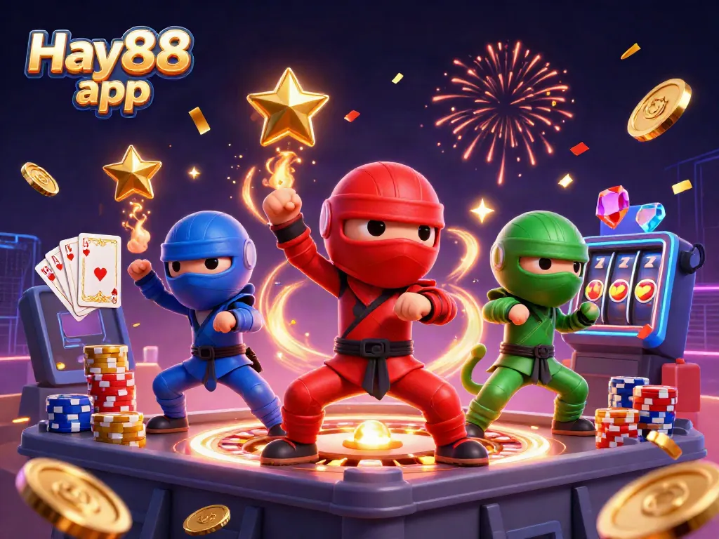 Experience the thrilling Hay88 app with a vibrant scene of ninjas and casino elements!