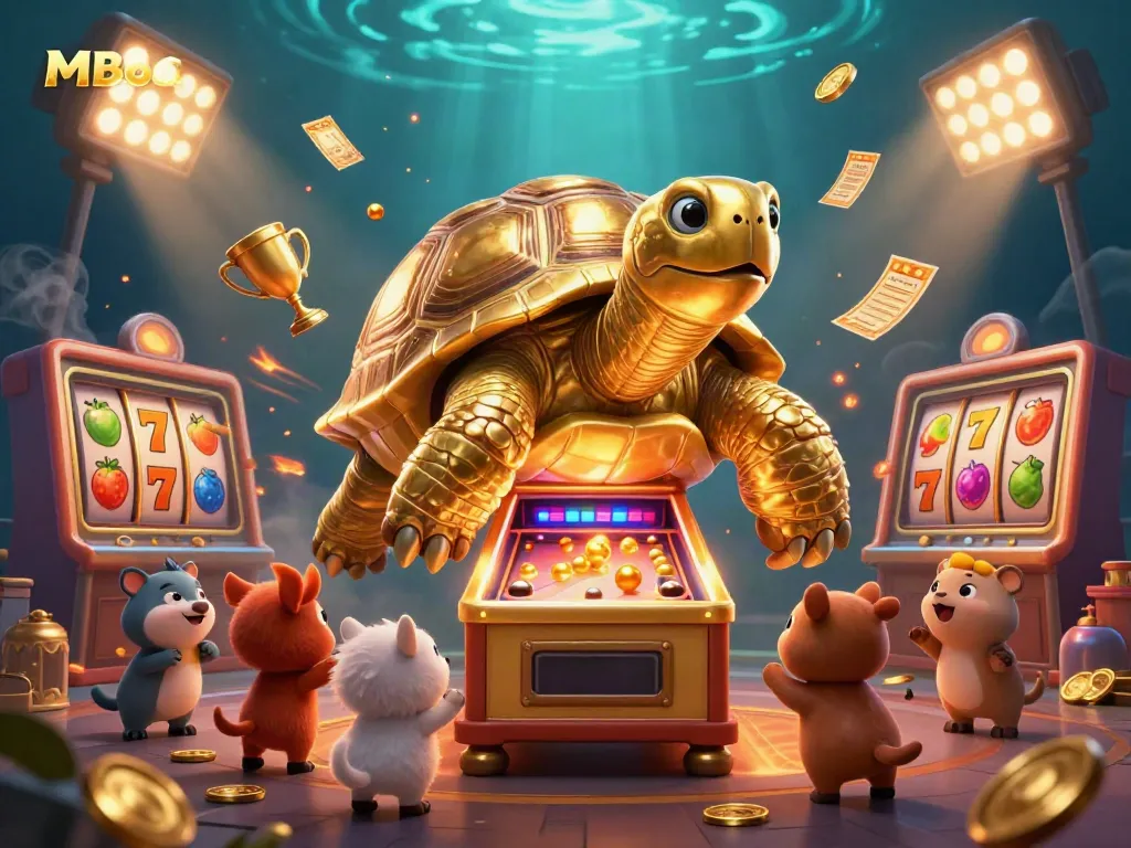Experience the excitement of MB66 with vibrant gaming elements and a playful tortoise in this dynamic scene.