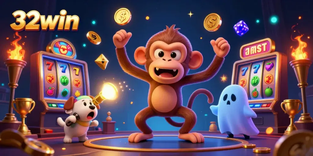 Engage with 32win's vibrant casino scene featuring a playful poltergeist monkey and an adventurous puppy.