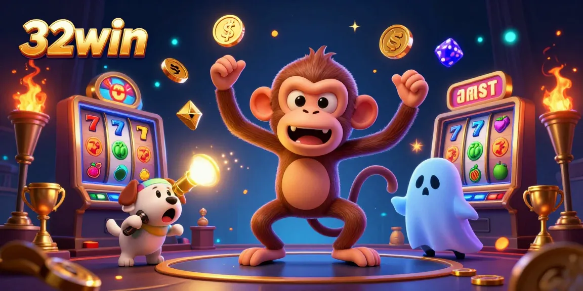 Engage with 32win's vibrant casino scene featuring a playful poltergeist monkey and an adventurous puppy.