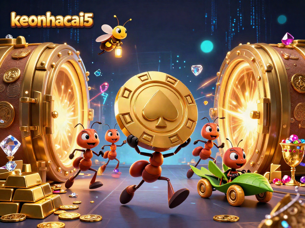 Ants' heist in keonhacai5 casino scene, carrying poker chip with vibrant detail.