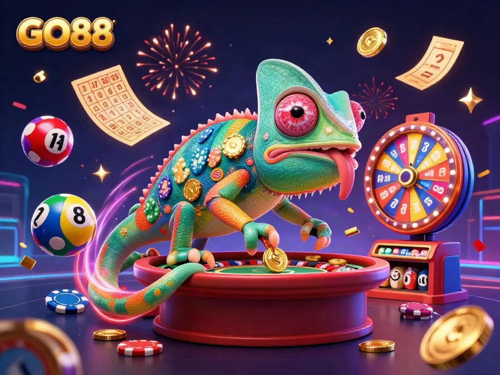 Play to win big at GO88, featuring an energetic chameleon casino owner surrounded by dynamic gaming elements.