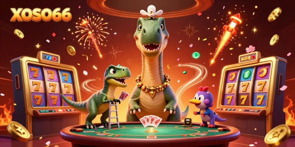 Experience the vibrant world of XOSO66 as a giant brontosaurus reigns over a thrilling casino scene filled with slots and confetti.