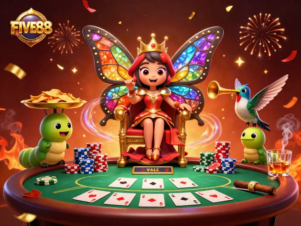 Engage in exciting gaming at FIVE88 with a vibrant depiction of dynamic casino elements.