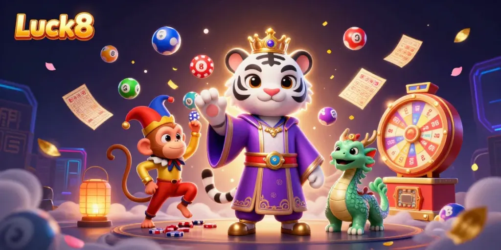 Luck8 brings excitement with a majestic white tiger and vibrant gaming elements in a thrilling casino scene.