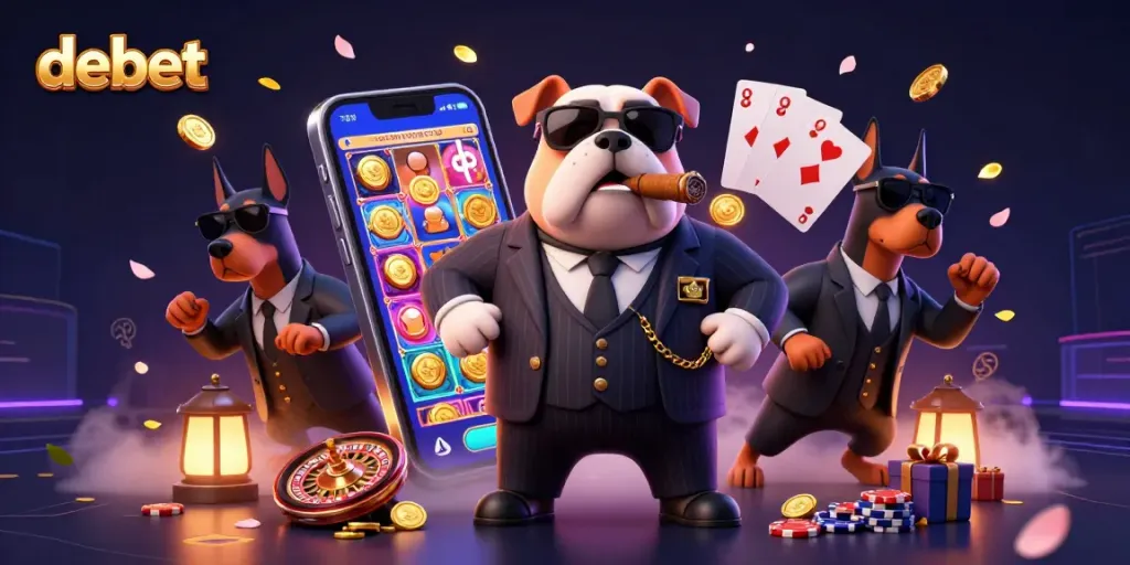Debet casino scene featuring a mafia boss bulldog and bodyguards amidst dynamic gaming elements.
