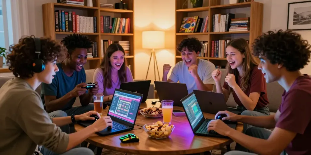 Friends enjoying ROKOK88 online games in a lively living room.
