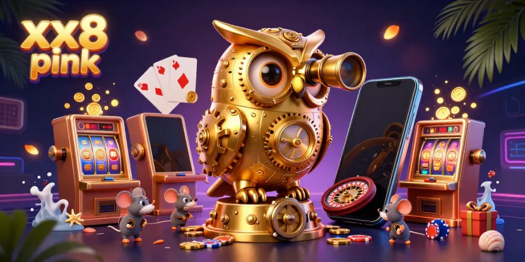 Experience excitement at xx8 pink casino with golden owl and playful mice at slots.