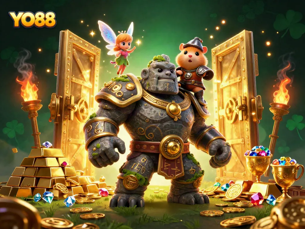 Engage with YO88's thrilling gaming experience featuring a golem guardian and treasures.