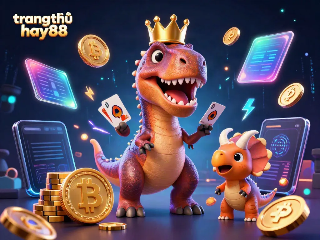 Engage with the lively scene at trang chủ hay88 featuring a T-Rex card dealer, a pterodactyl assistant, and a triceratops stacking chips amidst digital crypto elements.