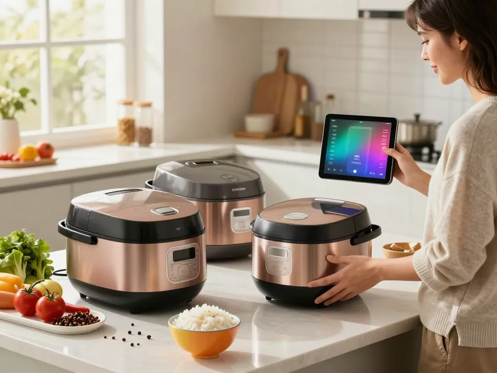 Modern rice cooker selection in a bright kitchen with fresh ingredients.