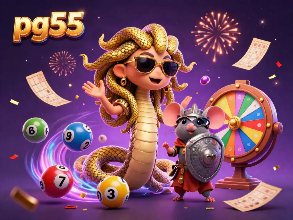 Play with pg55's exciting games in a vibrant 3D casino scene featuring Medusa and warrior mouse.