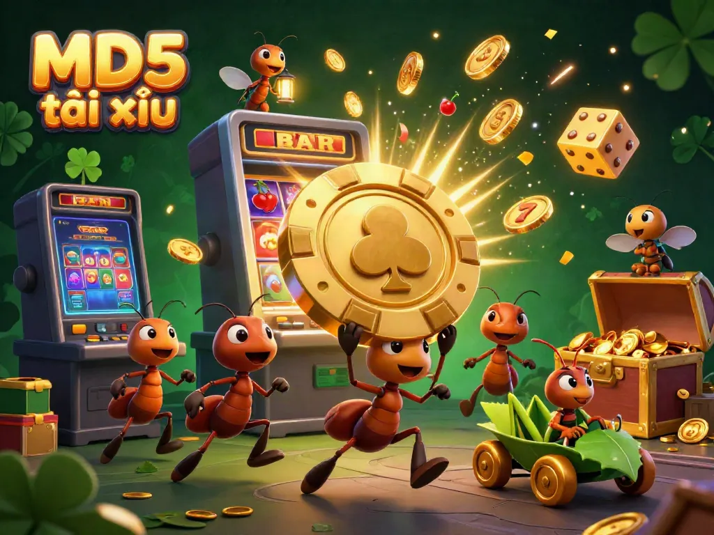 Team of cartoon ants carrying a golden poker chip in their heist for MD5 tài xỉu, surrounded by casino elements.