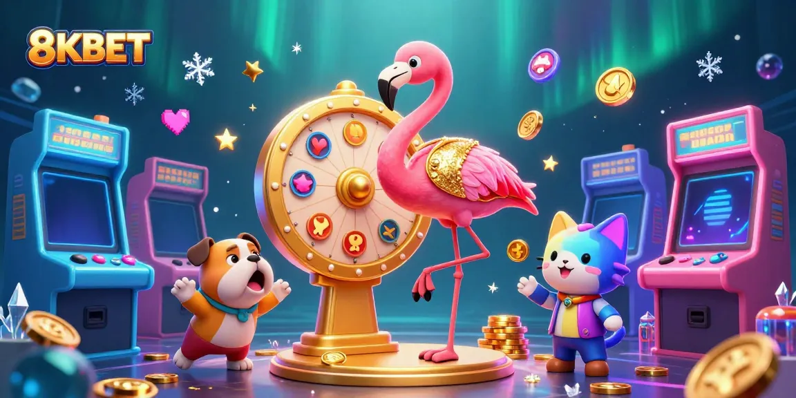 Engage with exciting games at 8KBET with animated characters showcasing prizes in a vibrant casino scene.