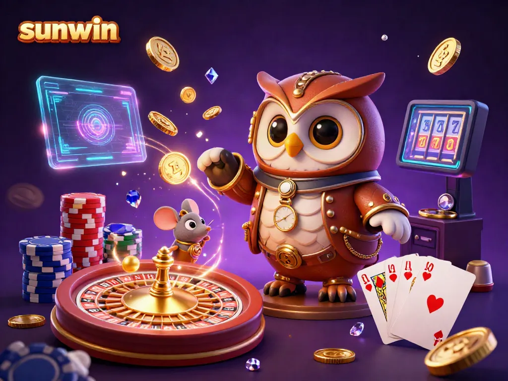 Experience the thrill of sunwin as a steampunk owl and mouse explore a vibrant casino filled with dynamic gaming elements.