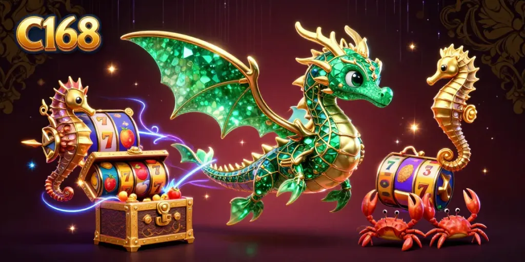 C168 offers a vibrant slot gaming scene with a dragon and treasure in a rich casino atmosphere.