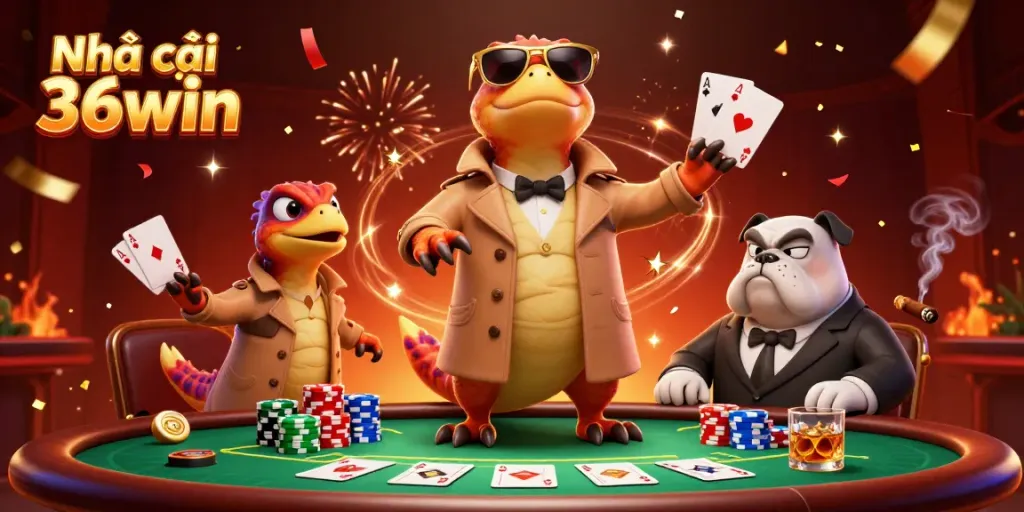 Join the fun at Nhà cái 36win with playful cartoon raptors trying to enter a VIP casino lounge.