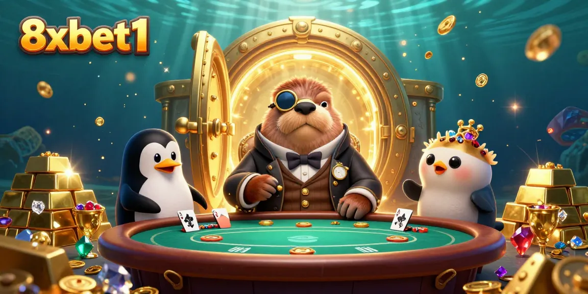 Experience dynamic underwater gambling with 8xbet1's playful characters at a poker table.