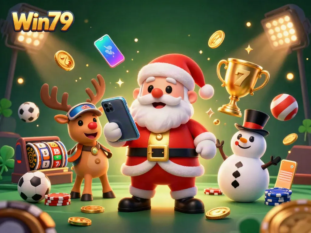 Win79 presents a lively casino scene with Santa and friends enjoying jackpot slots and sports elements.