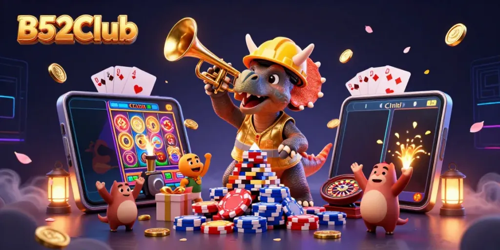 B52Club gaming scene with triceratops building poker chips, celebrating with vibrant slot game elements.