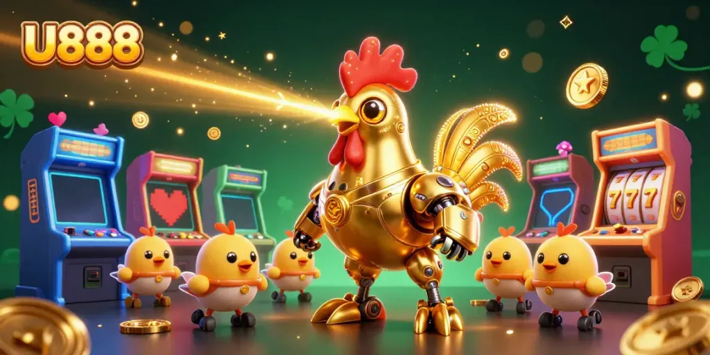 Immerse in U888's vibrant casino scene with a dynamic golden rooster robot and baby chick drones.
