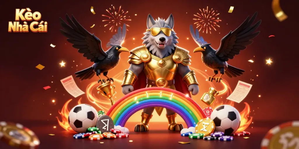 Kèo Nhà Cái inspired scene with Odin wolf and ravens amidst sports betting elements and casino chips