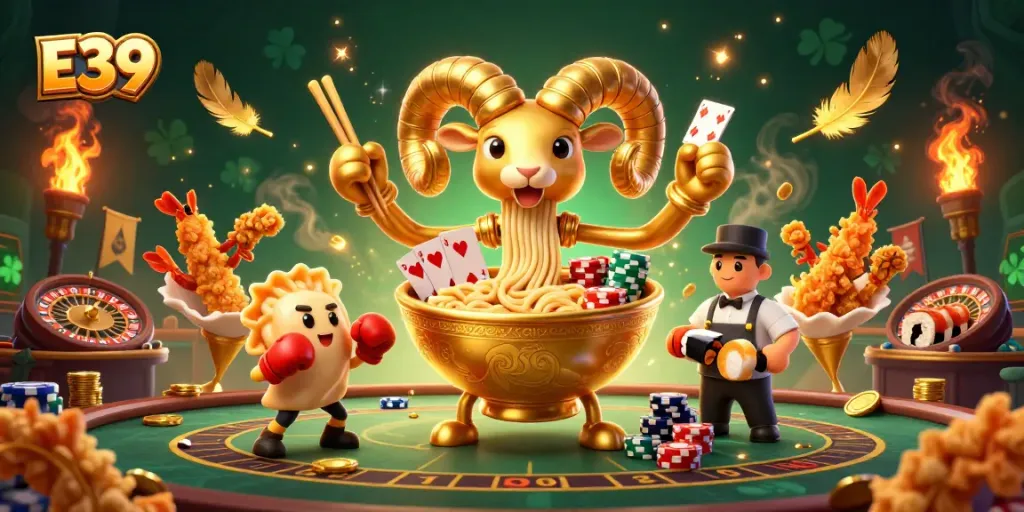 E39 cartoon illustration of a golden ramen bowl dealer engaging in casino games with vibrant elements.