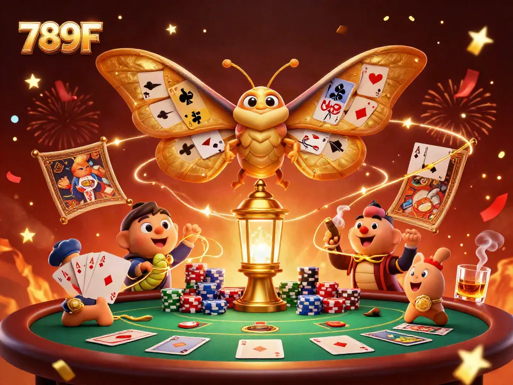 Engage with the vibrant 789F casino scene featuring a dynamic atlas moth and poker elements.