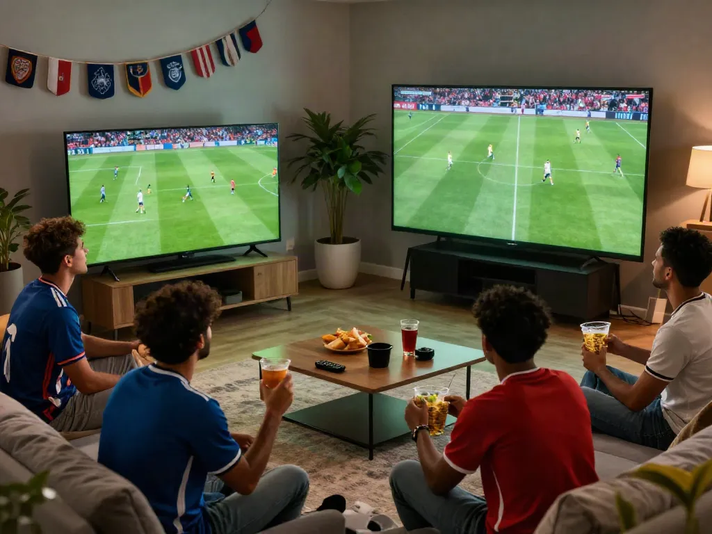 Fans enjoying cakhiatv live football streaming in a cozy living room setting.