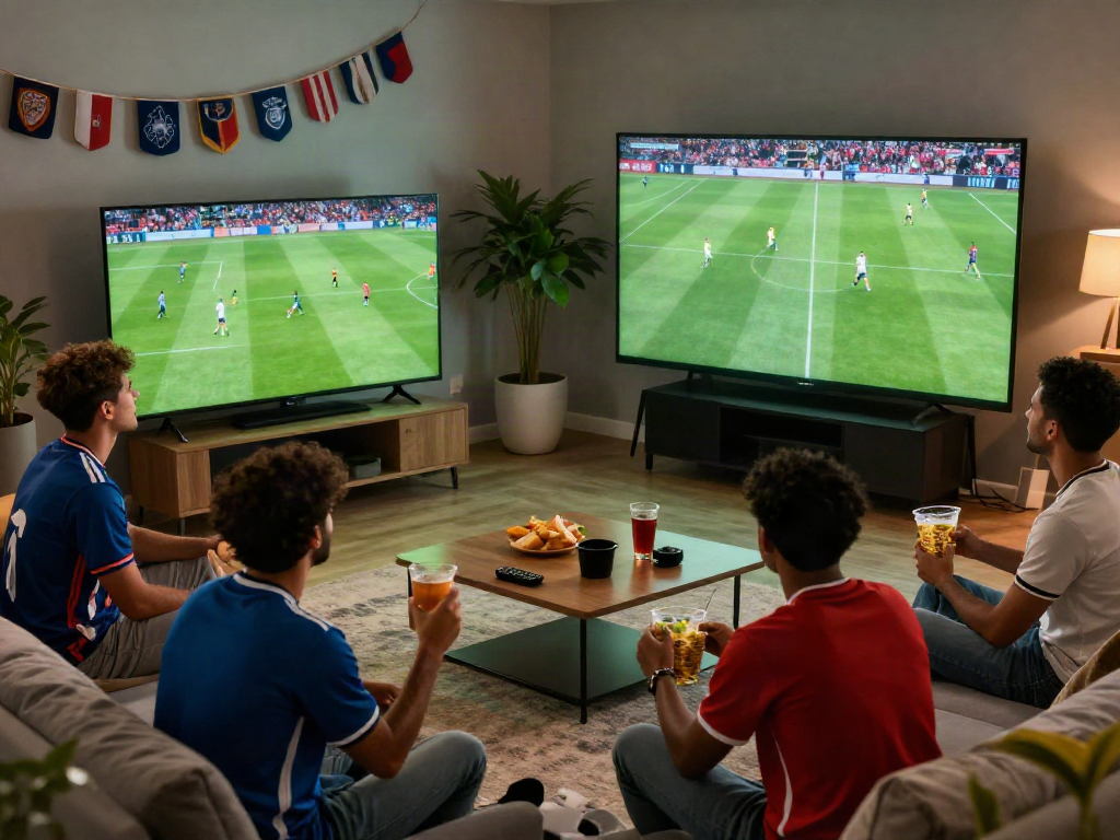 Fans enjoying cakhiatv live football streaming in a cozy living room setting.