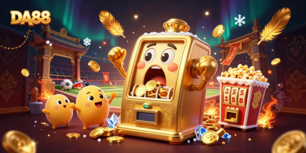 DA88 slot machine celebrates hitting a jackpot, surrounded by sports betting excitement and golden rewards.