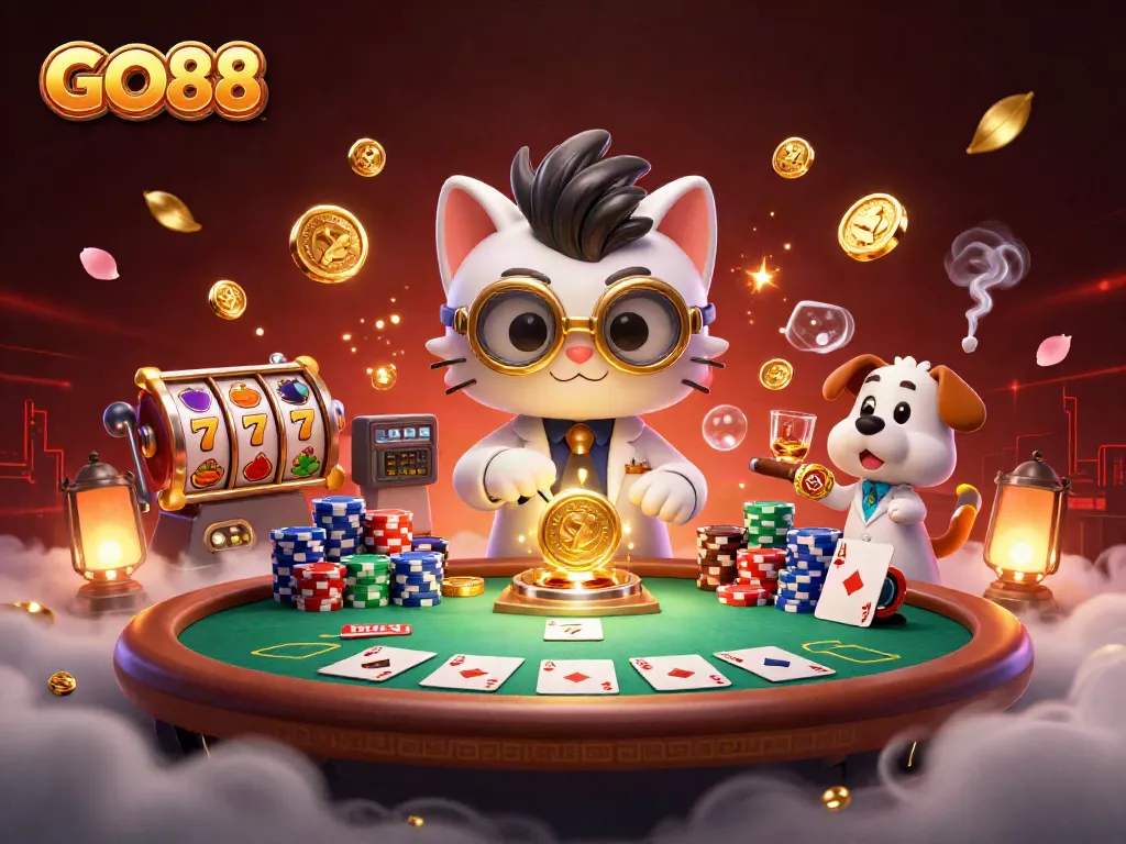 Experience GO88's vibrant gambling scene with characters creating fortune and excitement.