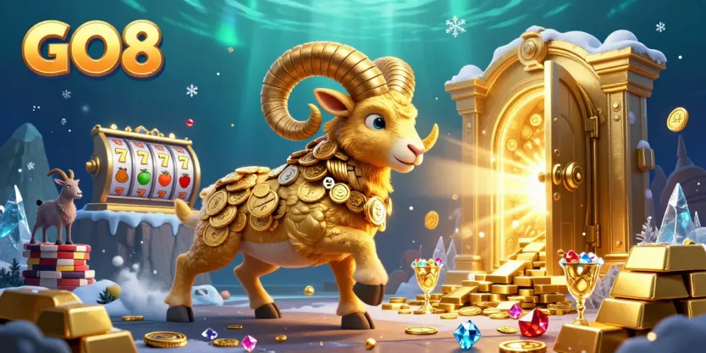 Spin the reels at GO8 with excitement, featuring a vibrant casino scene full of gold.