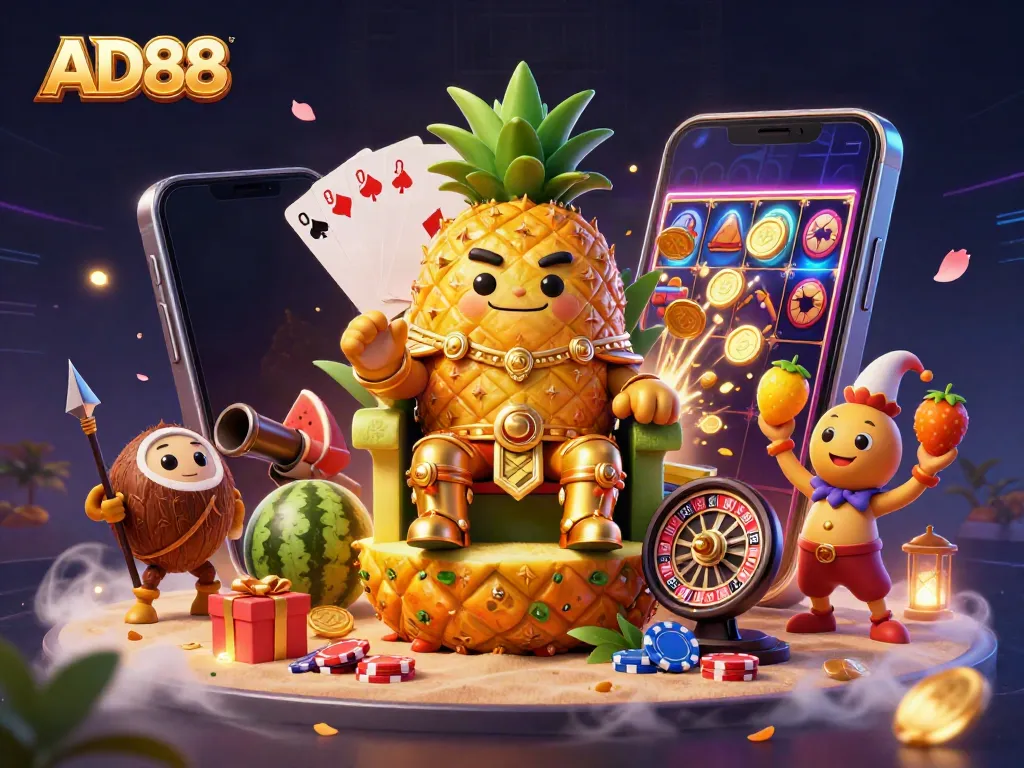 Engage with AD88's vibrant casino atmosphere featuring a golden pineapple king and dynamic gaming elements.