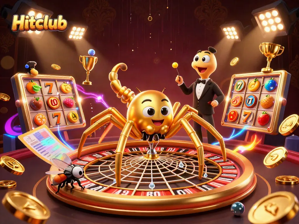 Hitclub brings excitement as a golden spider spins a roulette web while players bet nervously.