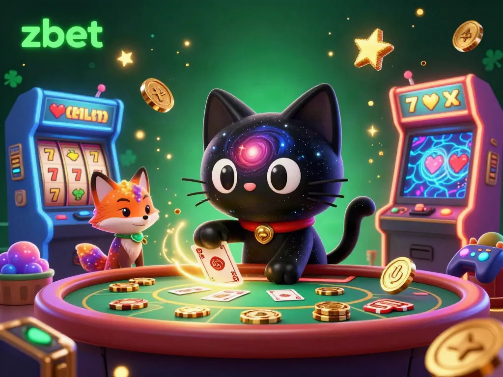 Zbet captivates with its cosmic casino scene featuring a black hole cat and a colorful fox, showcasing energetic gameplay.
