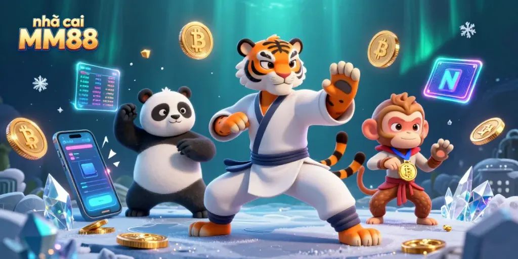 Engage with nhà cái MM88, featuring a kung fu tiger, panda, and monkey in a vibrant 3D casino scene.