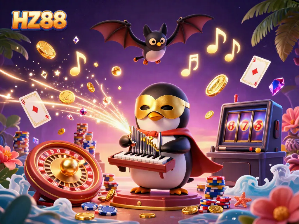 Experience thrilling gameplay at HZ88 with a captivating 3D casino scene showcasing a penguin playing an organ amidst flying coins and playing cards.