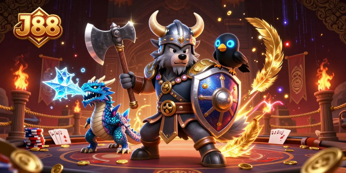 Engage with the dynamic J88 illustration showcasing a Viking warrior and dragon in a vibrant casino atmosphere.