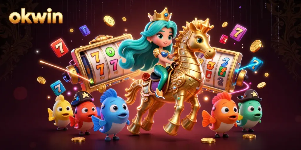 Engaging okwin scene where a mermaid princess rides a seahorse, amidst vibrant casino elements.