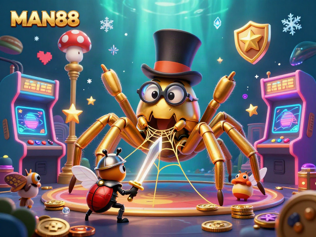 Experience gaming excitement with MAN88 in this vibrant 3D casino scene, featuring dynamic characters and thrilling elements.