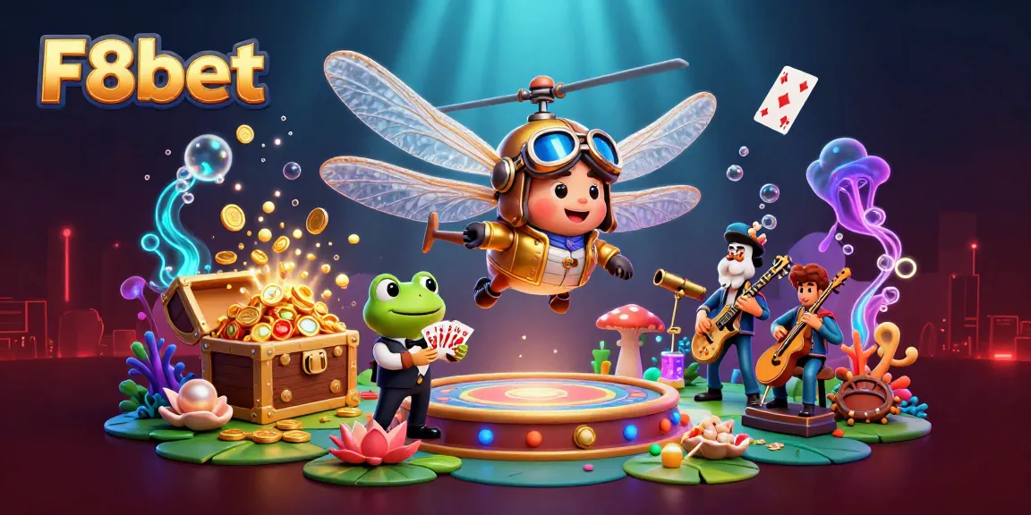 Experience thrilling excitement at F8bet with a whimsical dragonfly pilot and vibrant casino scene.