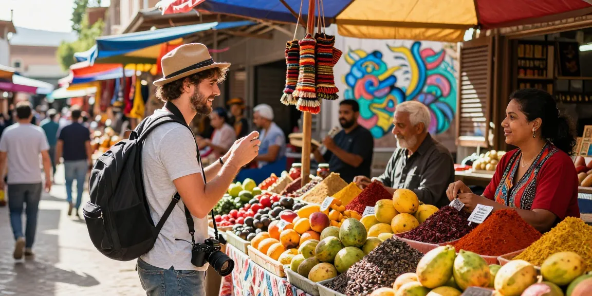 Travel blog scene showcasing a traveler exploring a vibrant market filled with exotic fruits and local culture.