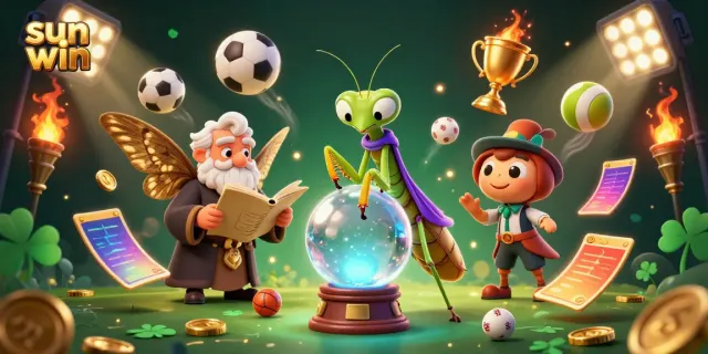 Win big with sun win as the fortune teller peers into a crystal ball surrounded by sports excitement.