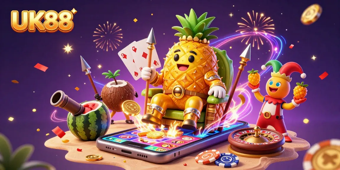 Experience thrilling gaming at UK88 with a vibrant casino illustration featuring a pineapple king, jester, and gaming elements.