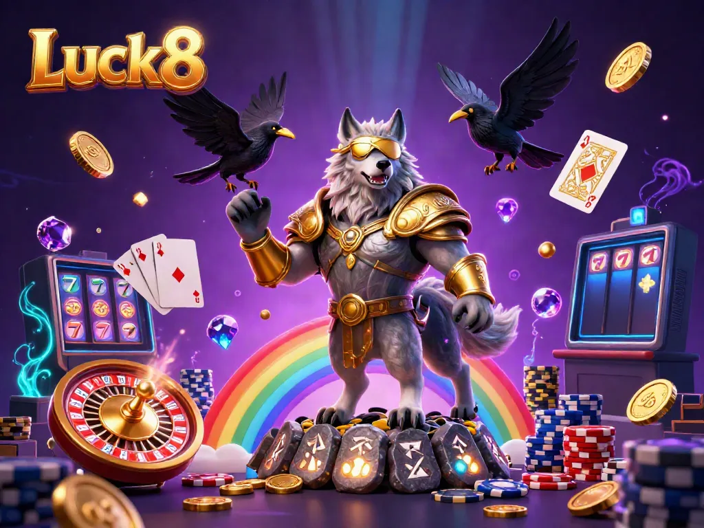 Engage in thrilling games at Luck8 with rich 3D elements showcasing Odin and ravens on a colorful, vibrant casino scene.