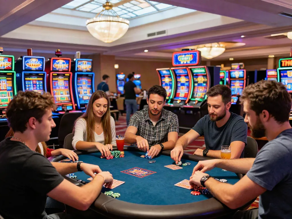 Exciting scene at a credit card casino with friends celebrating, vibrant lighting, and gaming tables.